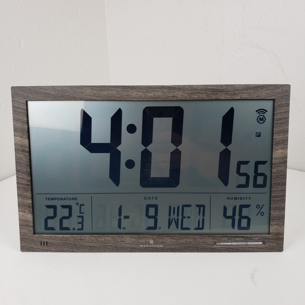 Marathon Slim Jumbo 15" Atomic Wall/Table Top Clock Digital Temp Humidity Alarm